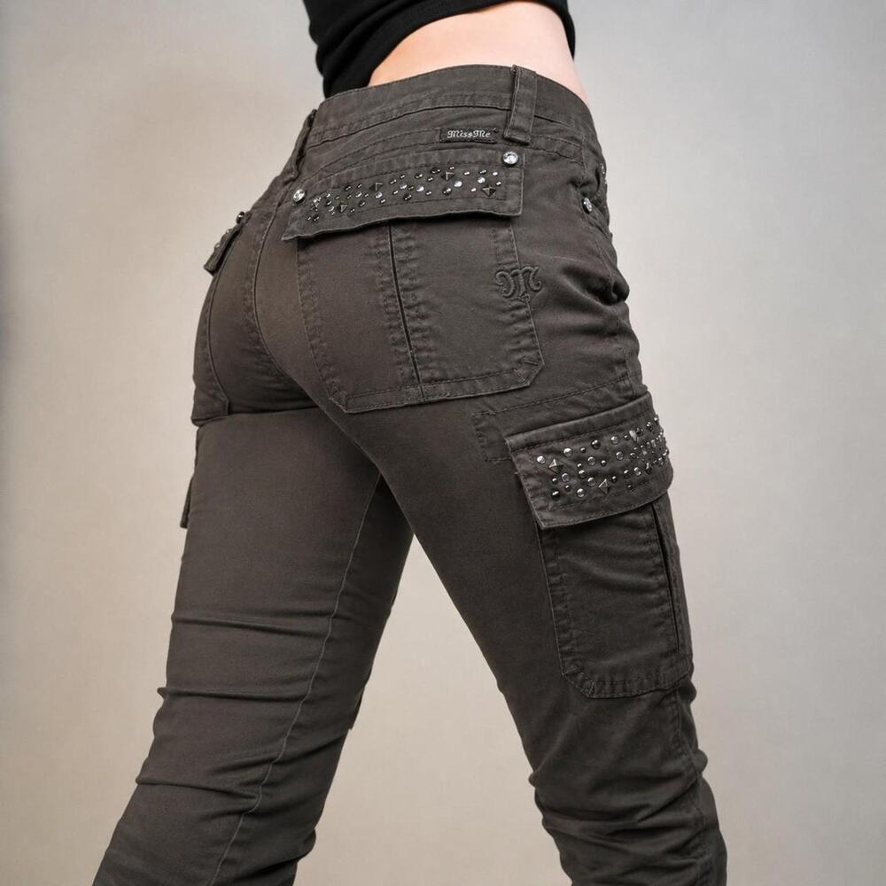 Miss Me Studded Cargo Pants Olive Skinny Pockets Zip Ankles Size 28 Low Rise